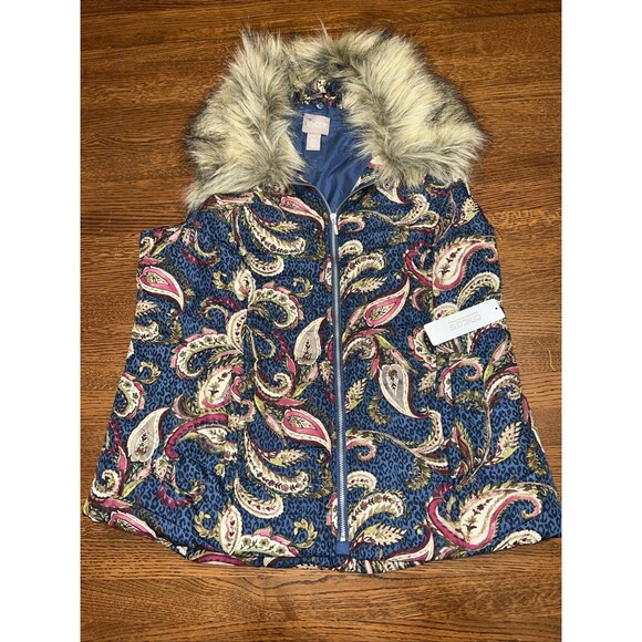Chico's Zip Vest Size 1 M Puffer Vest Women’s Jacket Quilted Faux Fur Collar - Picture 1 of 8